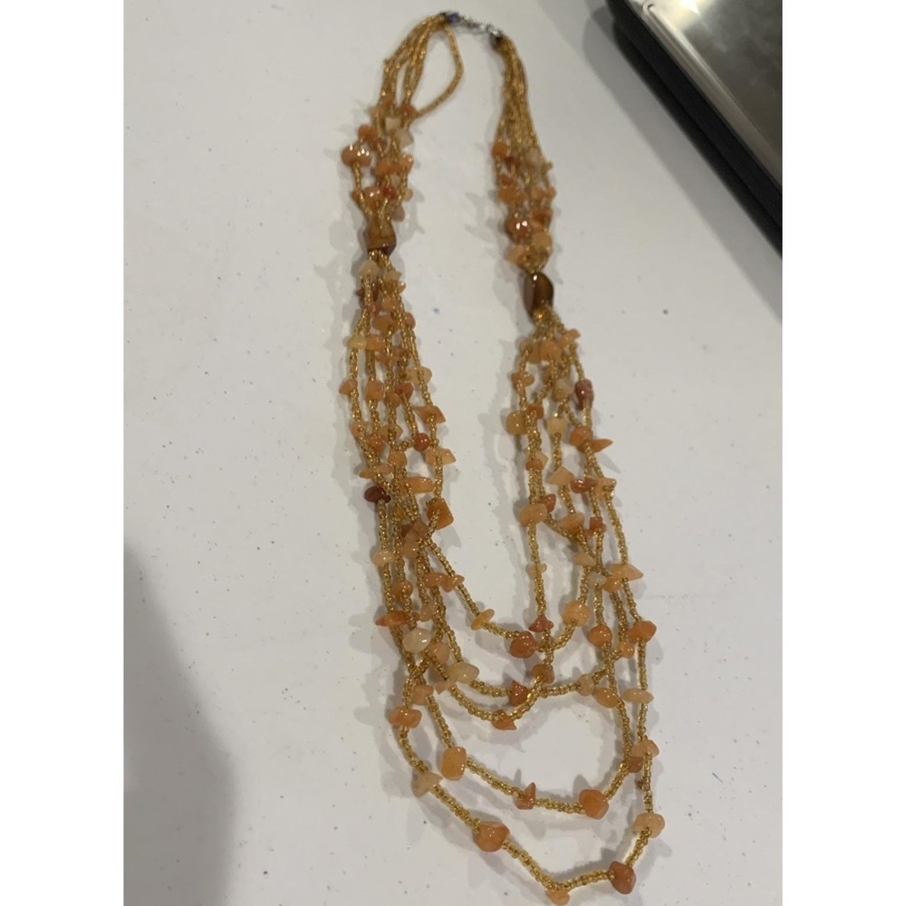 Vtg Seed Bead Carnelian Chip Necklace With Orange Banded Agate 28 Inch